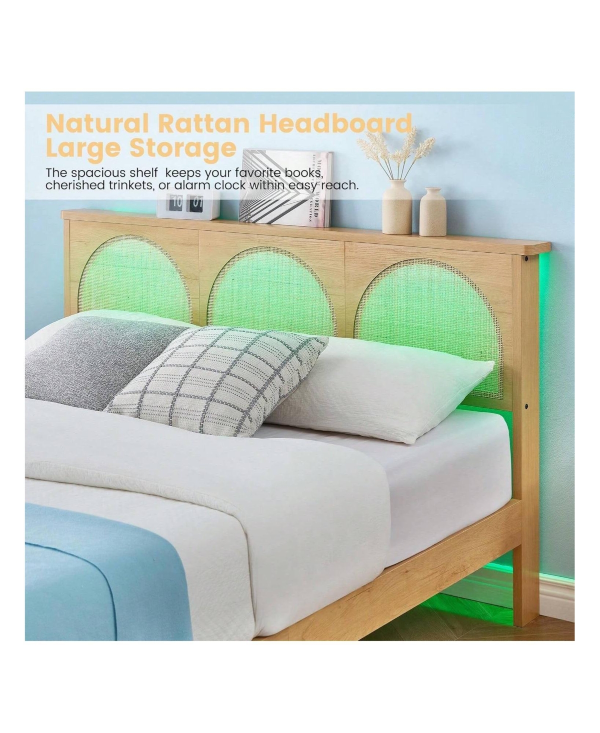 gaomon Queen Size Bed Frame With Natural Rattan Headboard, With Natural Rattan Headboard And 2 Storage Drawers, With Led And Metal Platform ,Boho Cane