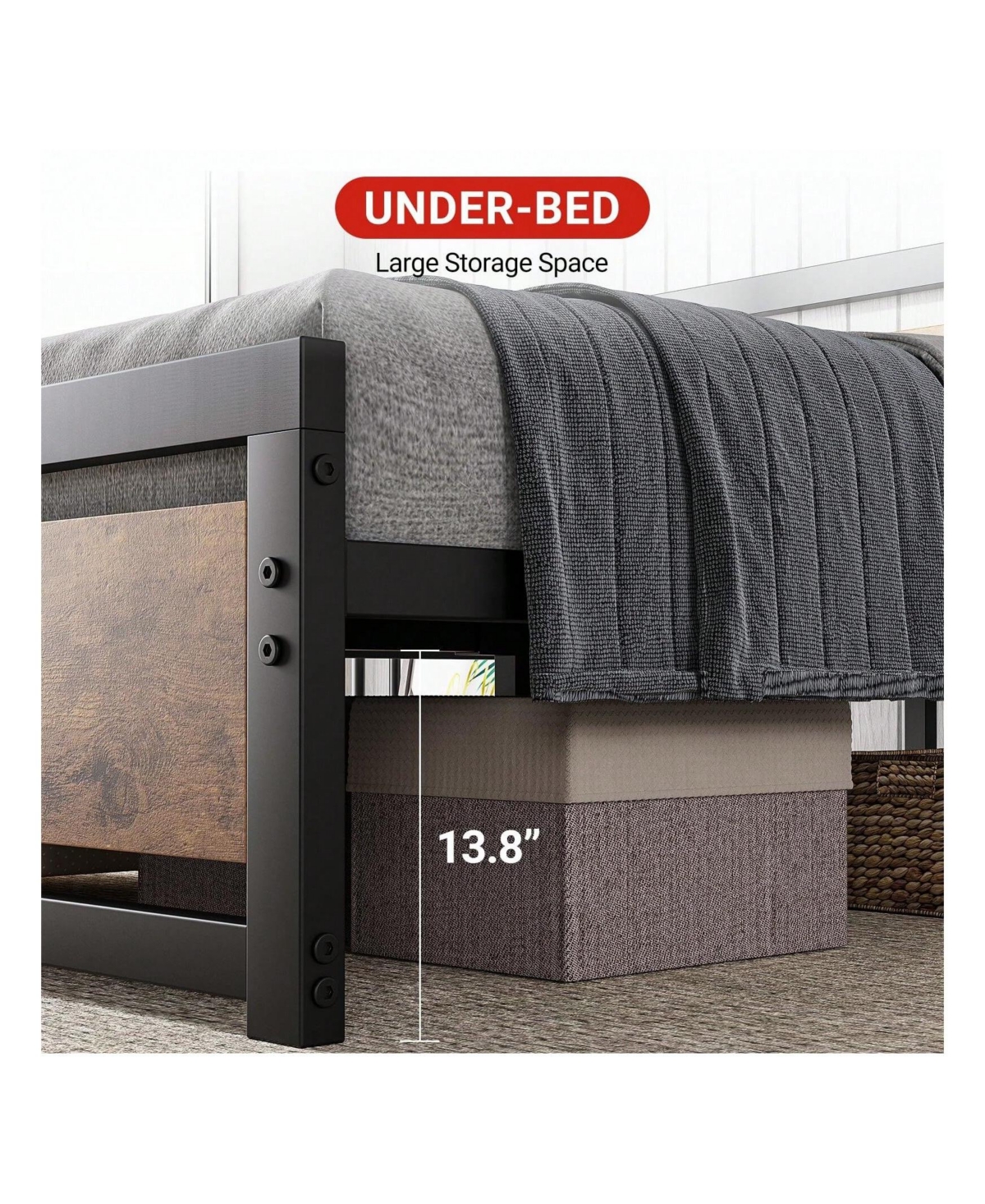 gaomon Bed Frame With Headboard, Industrial Platform Bedframe No Box Spring Needed, 14 Inch Metal Mattress Frame Noise Free, Rustic- Brown