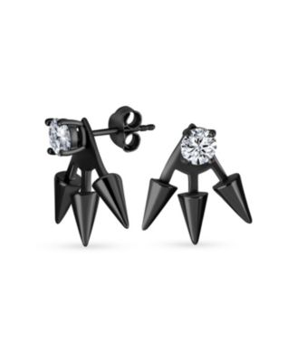 Goth Triple Spike Point Arrow Cubic Zirconia Jacket Stud Earrings Black Plated .925 Sterling Silver