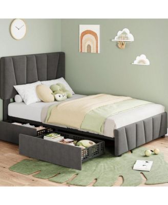 Bed Frame With Storage Drawers And Headboard, Upholstered Platform Bed Frame With Wooden Slats Support, No Box Spring Needed