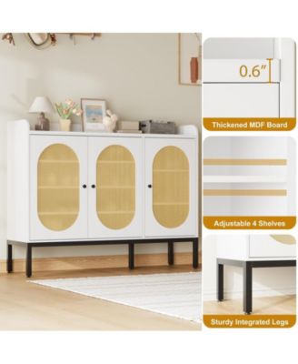 3-Door Shoe Cabinet – White, Rattan Style, 7-Tier Adjustable Shelves, Freestanding Storage for Entryway & Living Spaces.