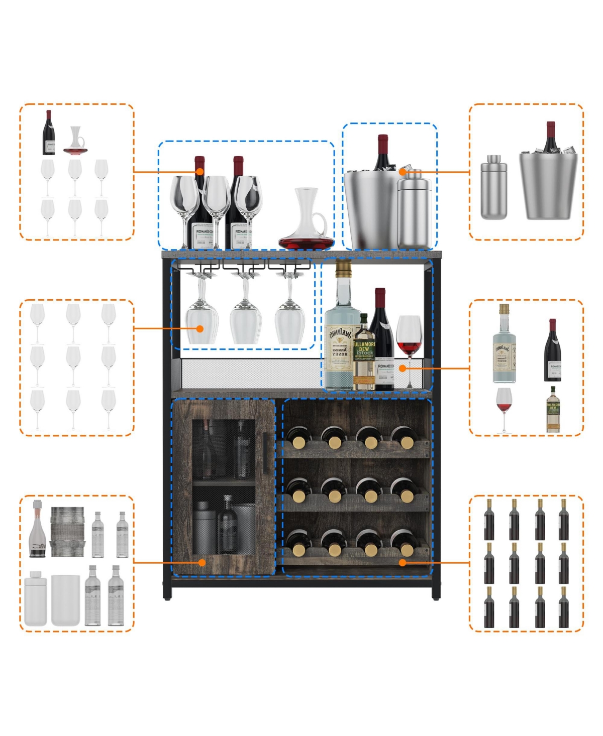 gaomon Wine Bar Cabinet with Detachable Wine Rack, Bar Rack Cabinet with Glass Holder and 1 Drawer, Mesh Door, Small Sideboard