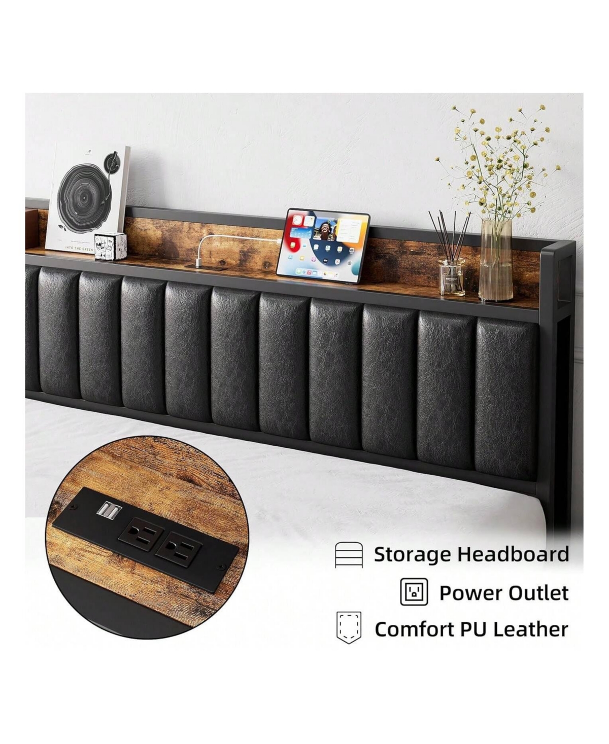 gaomon Full/Queen/King Size Bed Frame With Shelf Headboard And Charging Station, Industrial Upholstered Platform Bed With Outlets, Heavy Duty Metal Sl