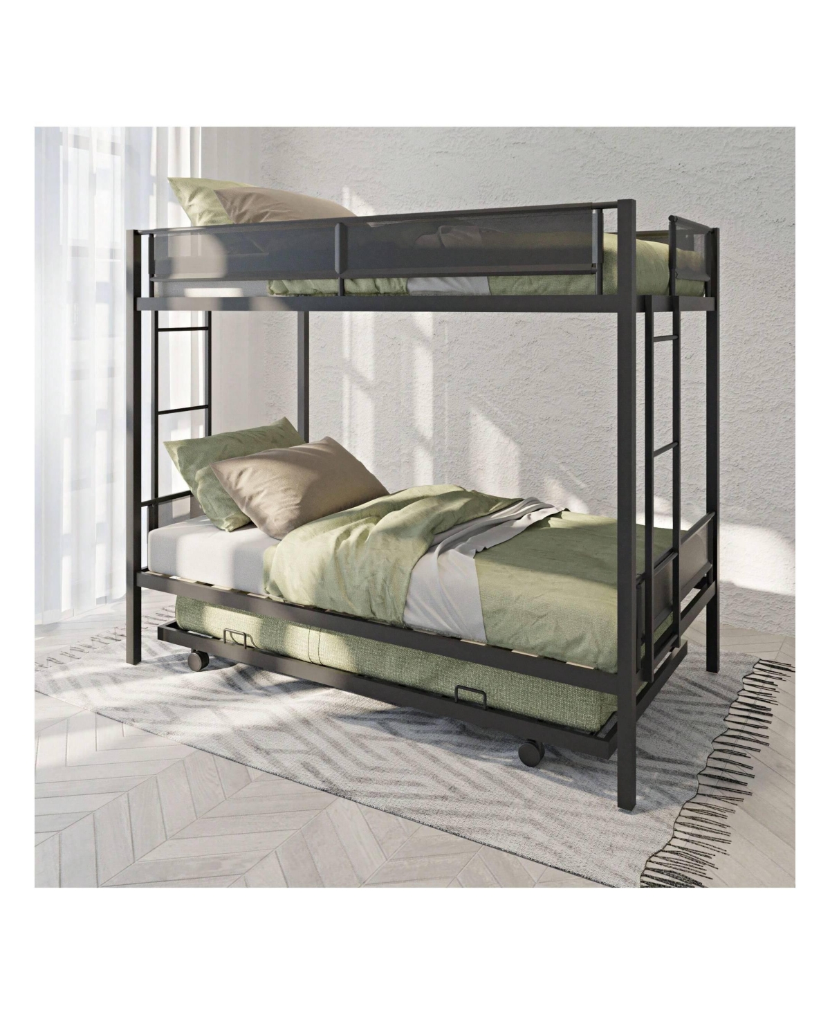 gaomon Over Bunk Bed With Trundle, Wood Slats, 2 Side Ladders, Guardrail Metal Bed Frame, No Spring Box Needed Sturdy Metal Frame For Bedroo