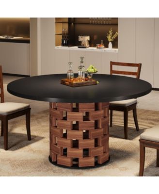 Round Dining Table for 4–6, 47" Farmhouse Kitchen Table with Wood Block Base for Dining Room, Living Room, or Kitchen