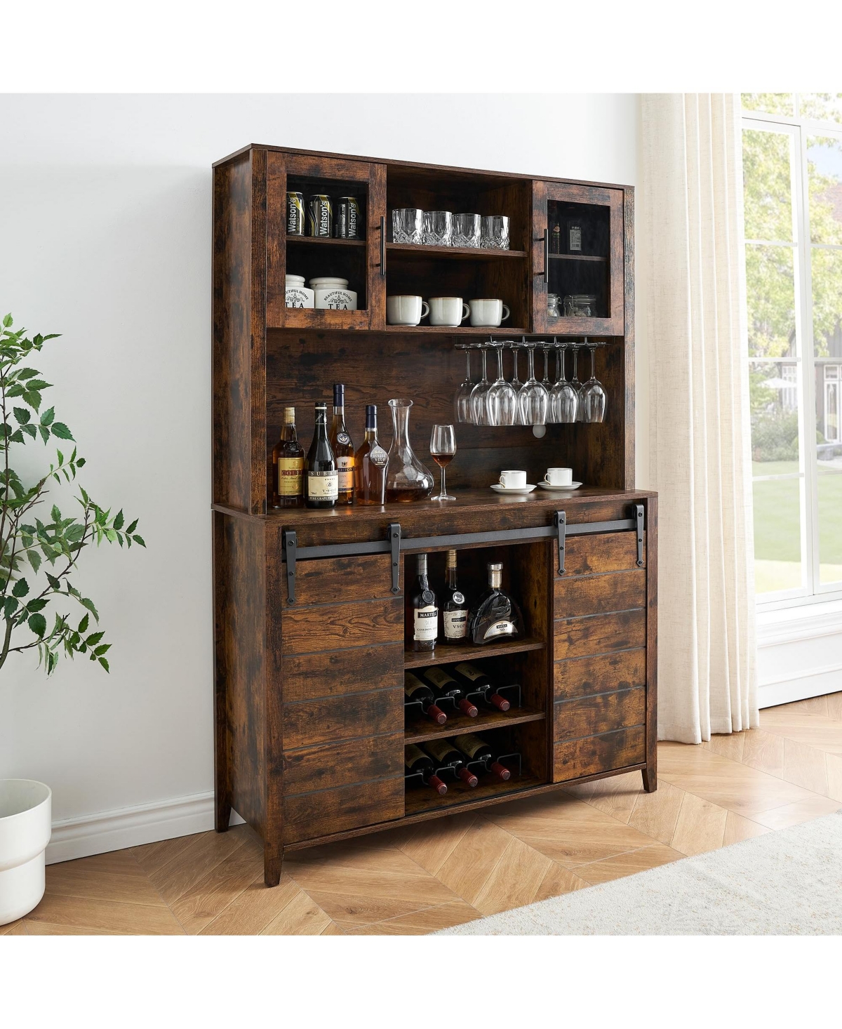 gaomon 70" Farmhouse Coffee Bar Wine Cabinet with Sliding Barn Doors and Storage