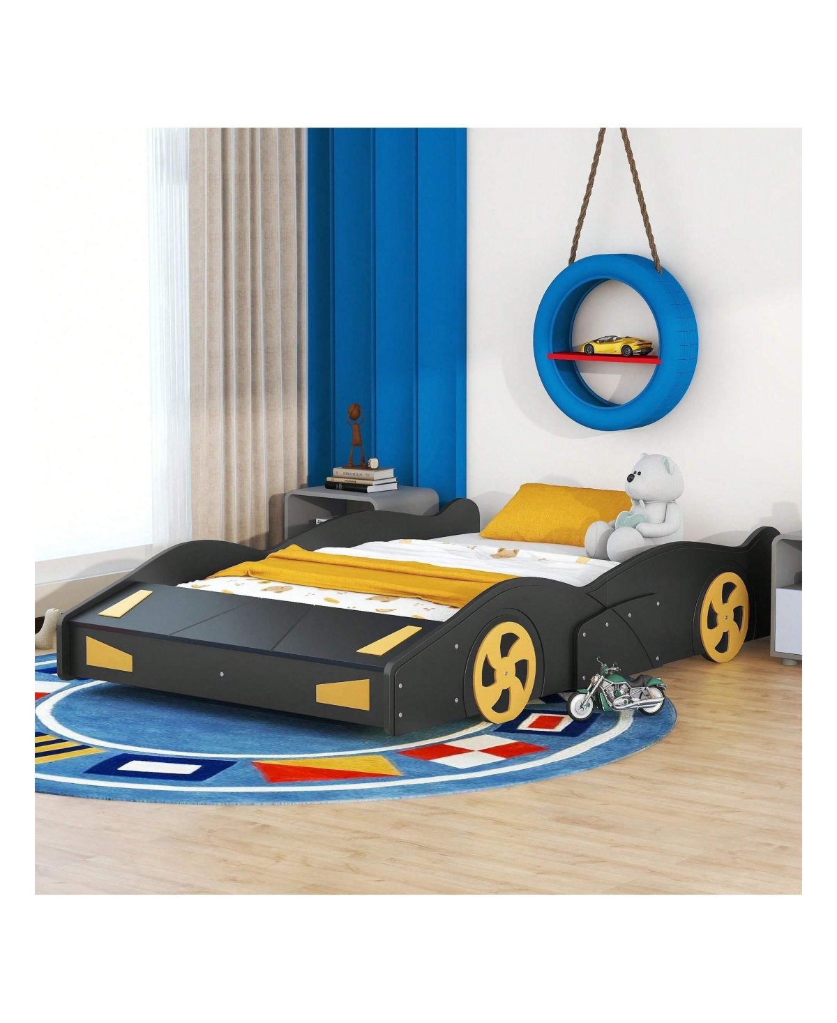 gaomon Full Size Platform Bed, Solid Wood Race Car-Shaped Bed Frame With Wheels And Storage Space For Boys Girls Teens Bedroom, No Box Spring Needed