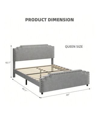 Full/Queen/King Size Bed Frame, Velvet Upholstered Platform Bed Frame With Rivet Decor Headboard And Strong Wood Slat Support, No Box Spring Needed, Easy Assembly, Grey