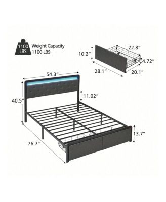 Bed Frame With 2 Storage Drawers, Bed Frame With LED Lights Headboard, Upholstered Platform Bed No Box Spring Needed, Easy Assembly