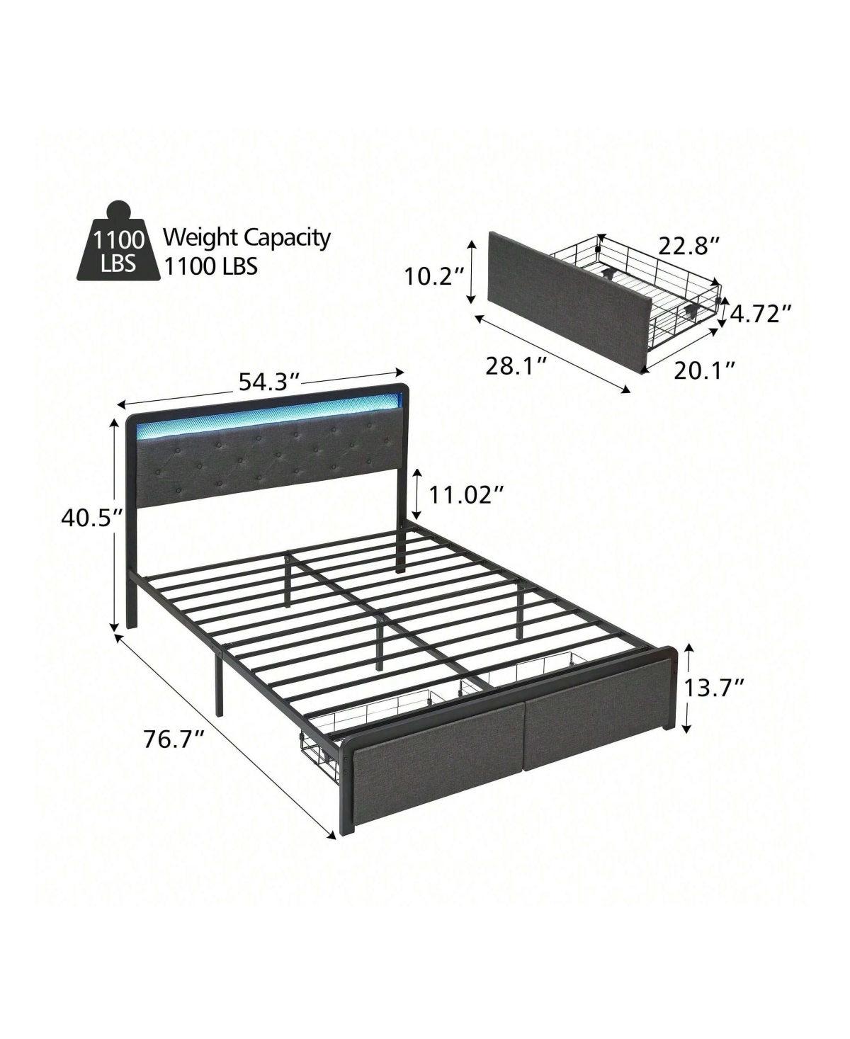 gaomon Bed Frame With 2 Storage Drawers, Bed Frame With Led Lights Headboard, Upholstered Platform Bed No Box Spring Needed, Easy Assembly