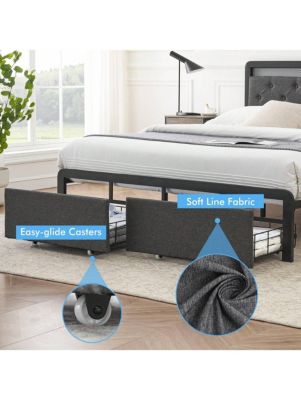 Bed Frame With 2 Storage Drawers, Bed Frame With LED Lights Headboard, Upholstered Platform Bed No Box Spring Needed, Easy Assembly