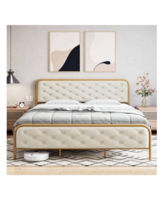 Full/Queen/King Size Upholstered Bed Frame, Velvet Upholstery, Button Tufted Curved Headboard, Sturdy Metal Slats, Noise-Free Platform Bed