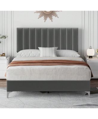 Platform Bed Frame With Adjustable Velvet Upholstered Headboard, Mattress Foundation With Wooden Slat Support, No Box Spring Needed, Dark Grey