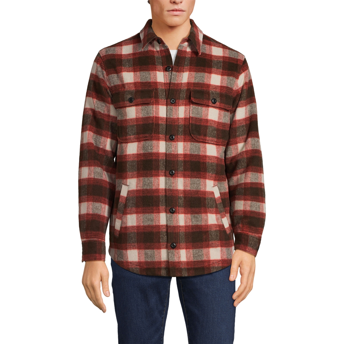 Women's Men's Super Brushed Shirt Jacket - Rich coffee/dark orange plaid
