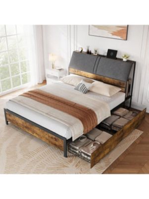 Full/Queen Size Vintage Style Bed Frame, Ergonomic Large Storage Bed With Four Under-Bed Drawers, Provides Superior Under-Bed And Backrest Storage Space, Comfortable Upholstered Backrest, No Box Spring Mattress Required,No Noise