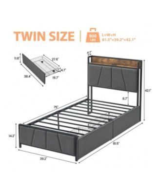 Bed Frame With Storage Headboard And 2 Drawers, Linen Upholstered Platform Bed Frame With Charging Station, Heavy Duty, No Box Spring Needed, Easy Assembly, Noise Free