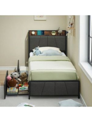 Bed Frame With Storage Headboard And 2 Drawers, Linen Upholstered Platform Bed Frame With Charging Station, Heavy Duty, No Box Spring Needed, Easy Assembly, Noise Free