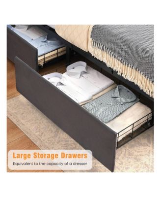 Bed Frame With Charging Station And 4 Storage Drawers, Velvet Upholstered Tall Tufted Wingback Headboard And Storage Shelf, No Box Spring Needed, Easy Assembly