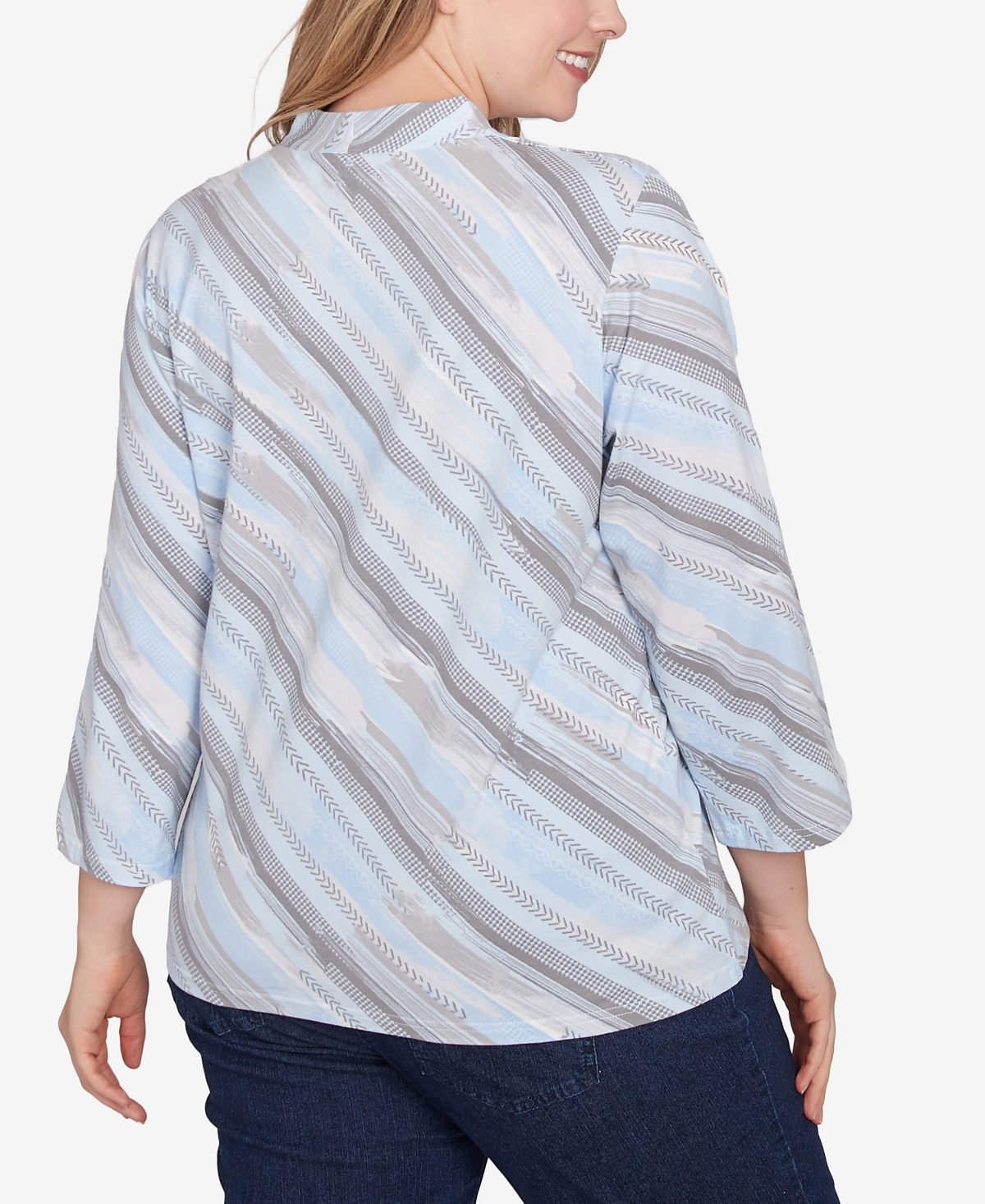 Hearts Of Palm Plus Size Blue My Mind Funnel Neck Embellished Top In Light Blue Multi
