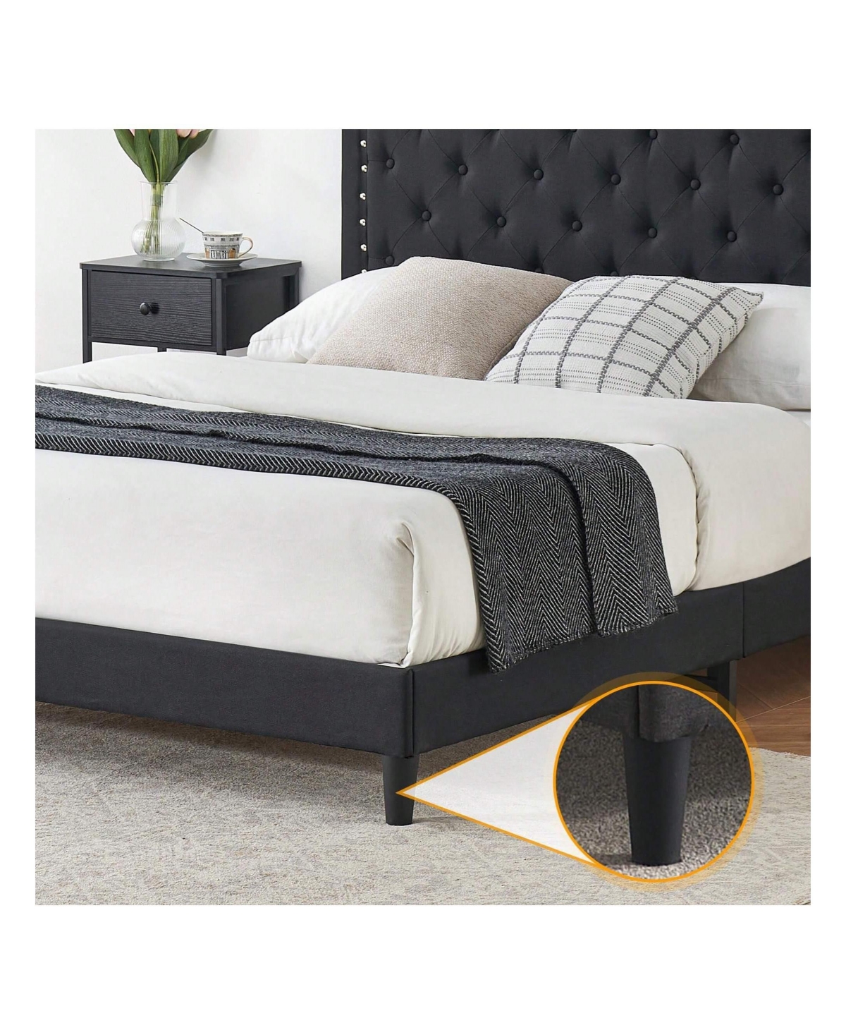 gaomon Upholstered Bed Frame With Height-Adjustable Headboard, Linen Platform Bed Frame Mattress Foundation With Wooden Slats Support, No Box Spring N
