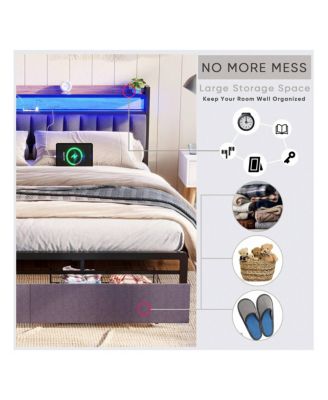 Full Size Bed Frame With Storage Headboard, 2 Drawers, Charging Station LED Upholstered Bed Frame, No Box Spring Needed Platform Bed Frame For Bedroom, Guest Room