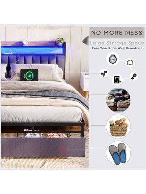Full Size Bed Frame With Storage Headboard, 2 Drawers, Charging Station LED Upholstered Bed Frame, No Box Spring Needed Platform Bed Frame For Bedroom, Guest Room
