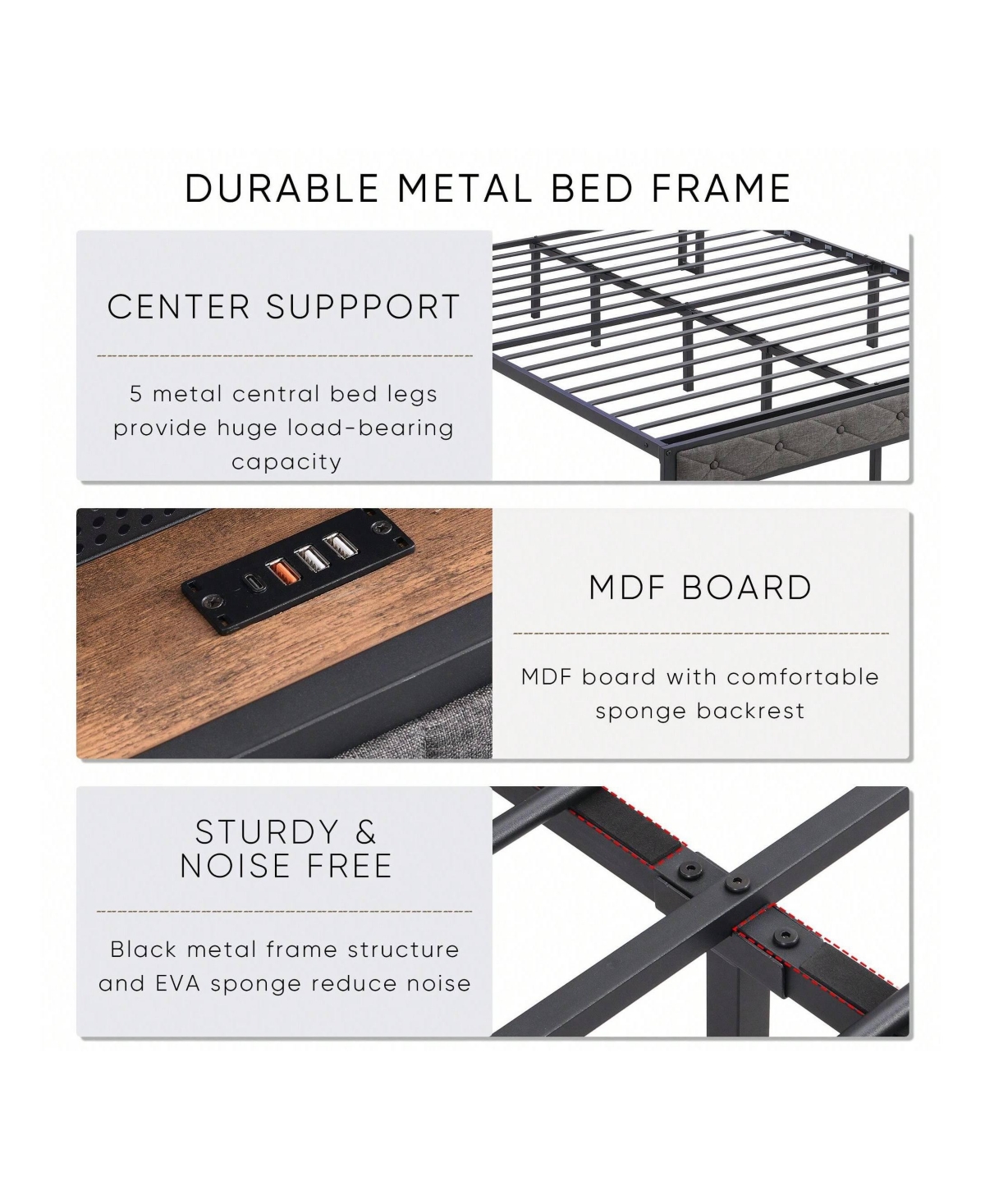gaomon Full Size Bed With Storage Headboard, Charging Station And Led Lights, Upholstered Platform Bed Frame With Metal Slats, Noise Free, No Box Spri