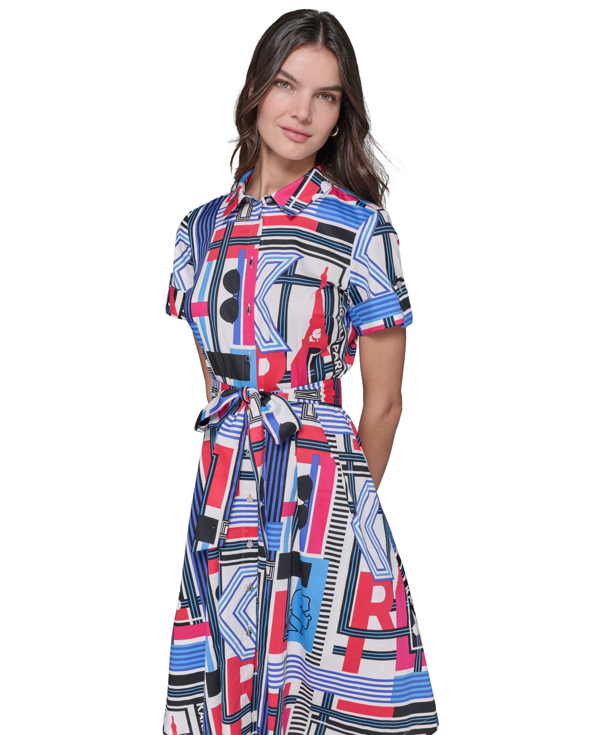 Karl Lagerfeld Paris Women's Printed Short-Sleeve Shirtdress - Soft White  Electric Indigo