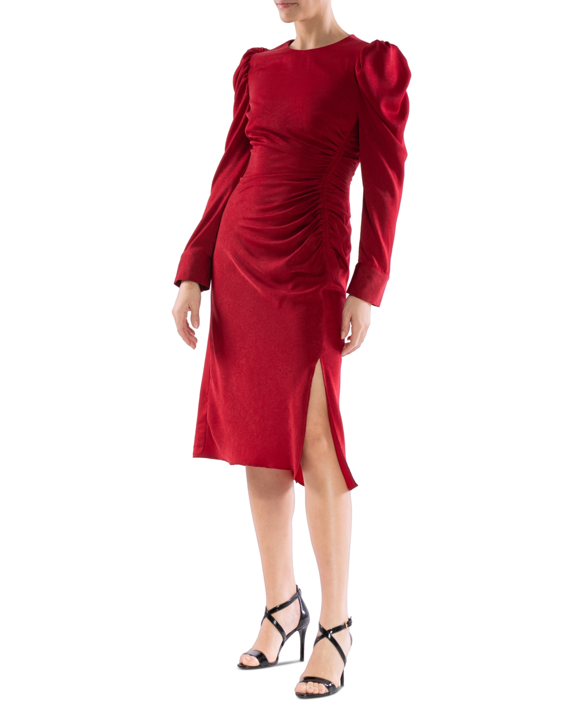 Women's Puff-Sleeve Round-Neck Dress - Red