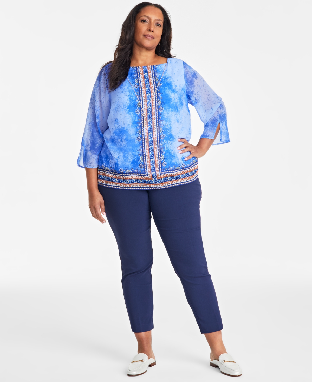 Jm Collection Plus Size Printed Split-Sleeve Necklace Top, Exclusively at Macy's