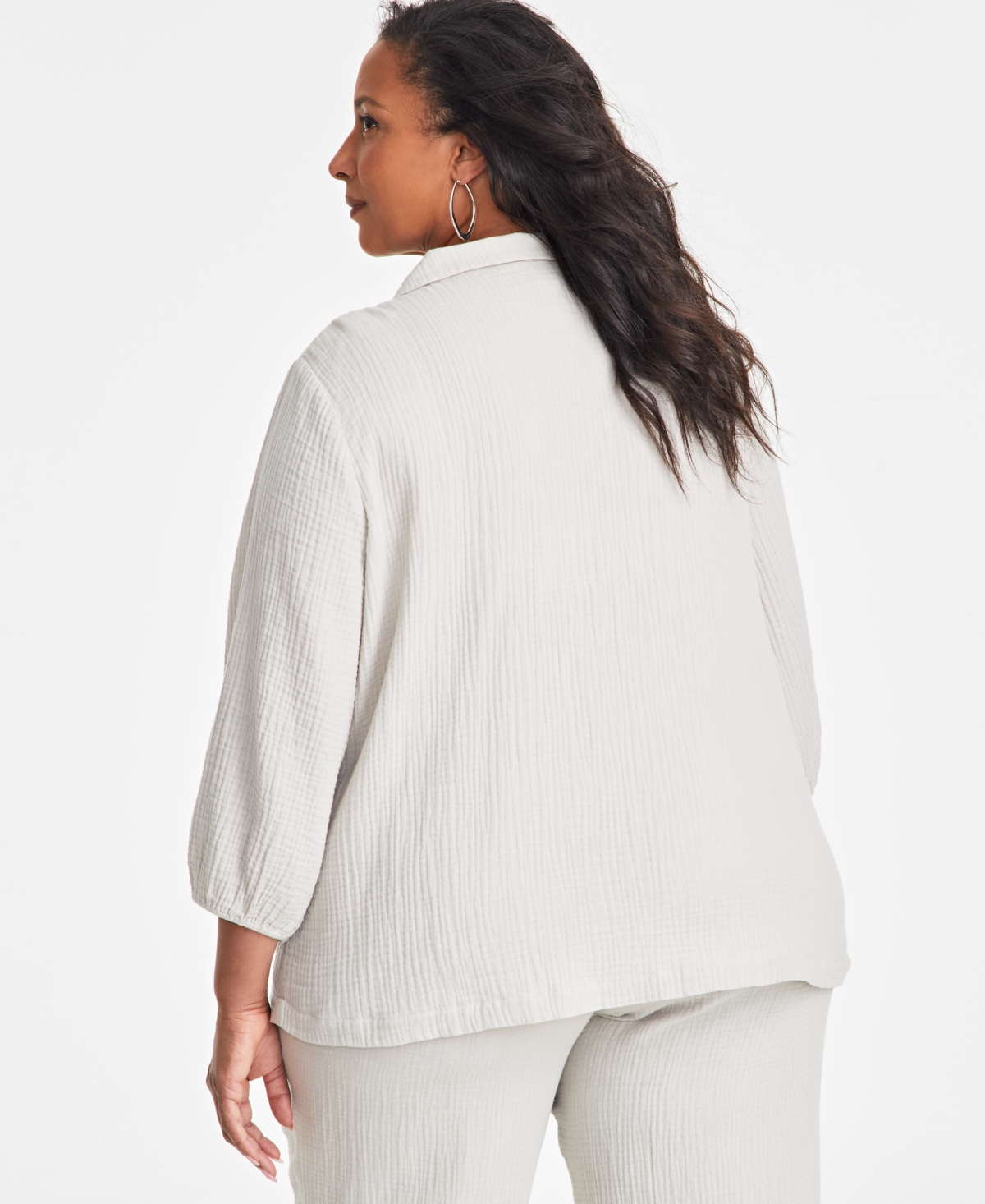 JM COLLECTION PLUS SIZE EMBELLISHED COLLAR COTTON GAUZE TOP, EXCLUSIVELY AT MACY'S 