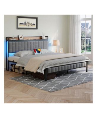 Full/Queen/King Size Bed Frame With Charging Station, LED Bed Frame With Storage Headboard, Upholstered Platform Bed Frame, No Box Spring Needed, Easy Assembly