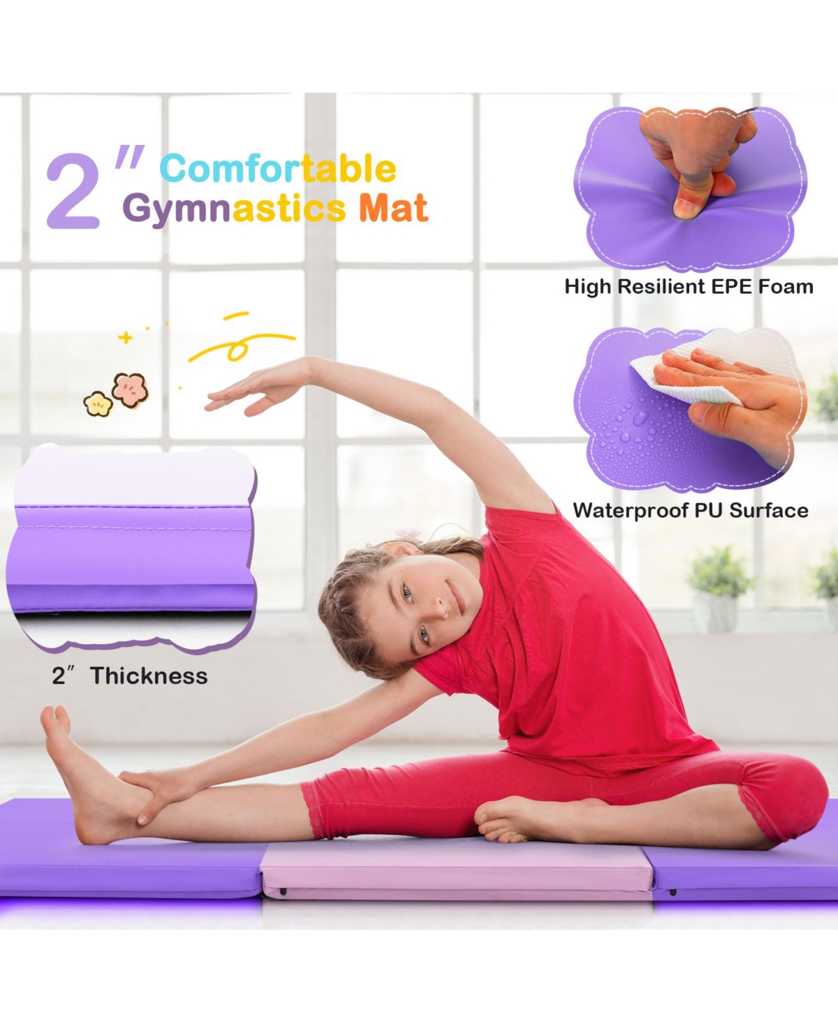 Hongge 6 x 2 Ft Tri-Fold Gym Mat with Handles and Removable Zippered Cover-Pink &- Purple
