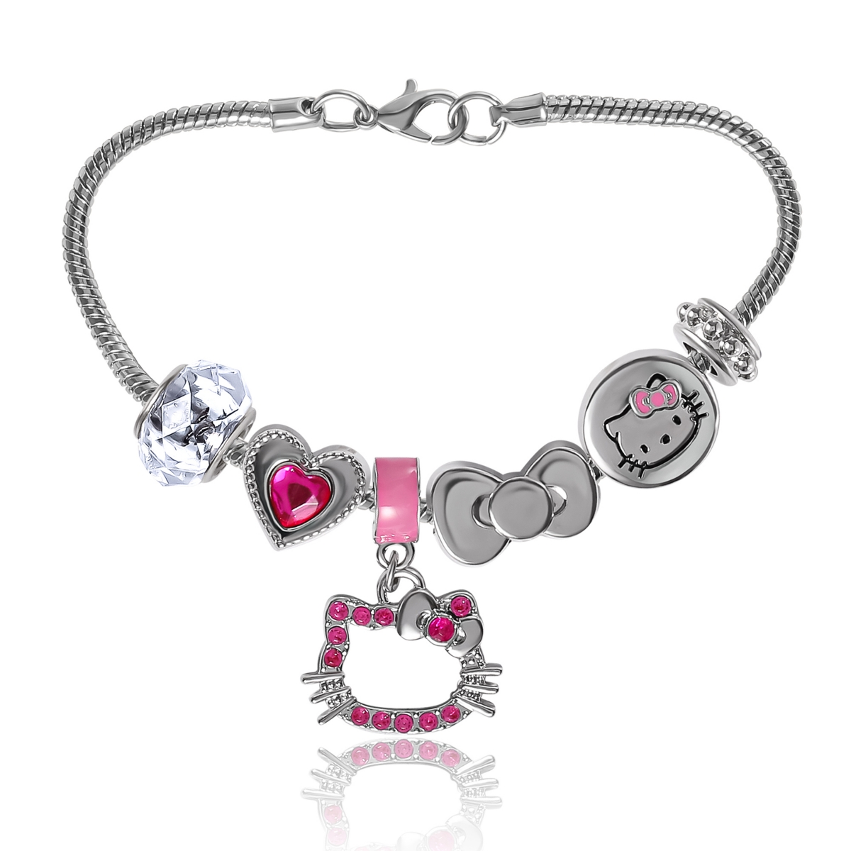 Sanrio 7'' Fashion Charm Bead Bracelet with Pink Enamel and Crystal Beads - Silver tone, pink
