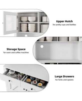 Kitchen Pantry Cabinet with Microwave Stand, Freestanding Hutch Cabinet with Buffet Cupboard,White