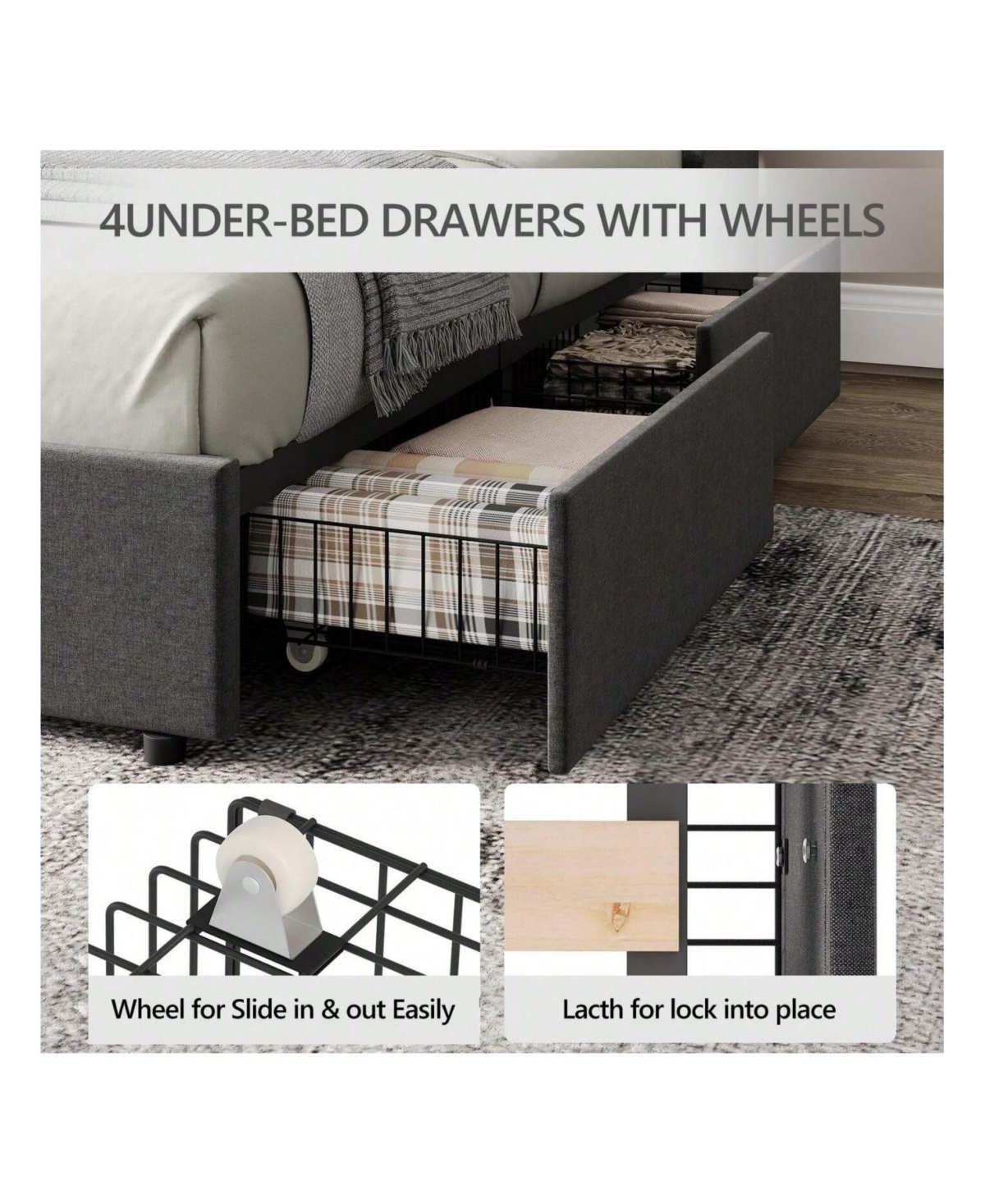 gaomon Full /Queen Bed Frame With 4 Storage Drawers, Platform Bed With Type-c & Usb Port And Charging Station, Upholstered Wingback Headboard And Stor
