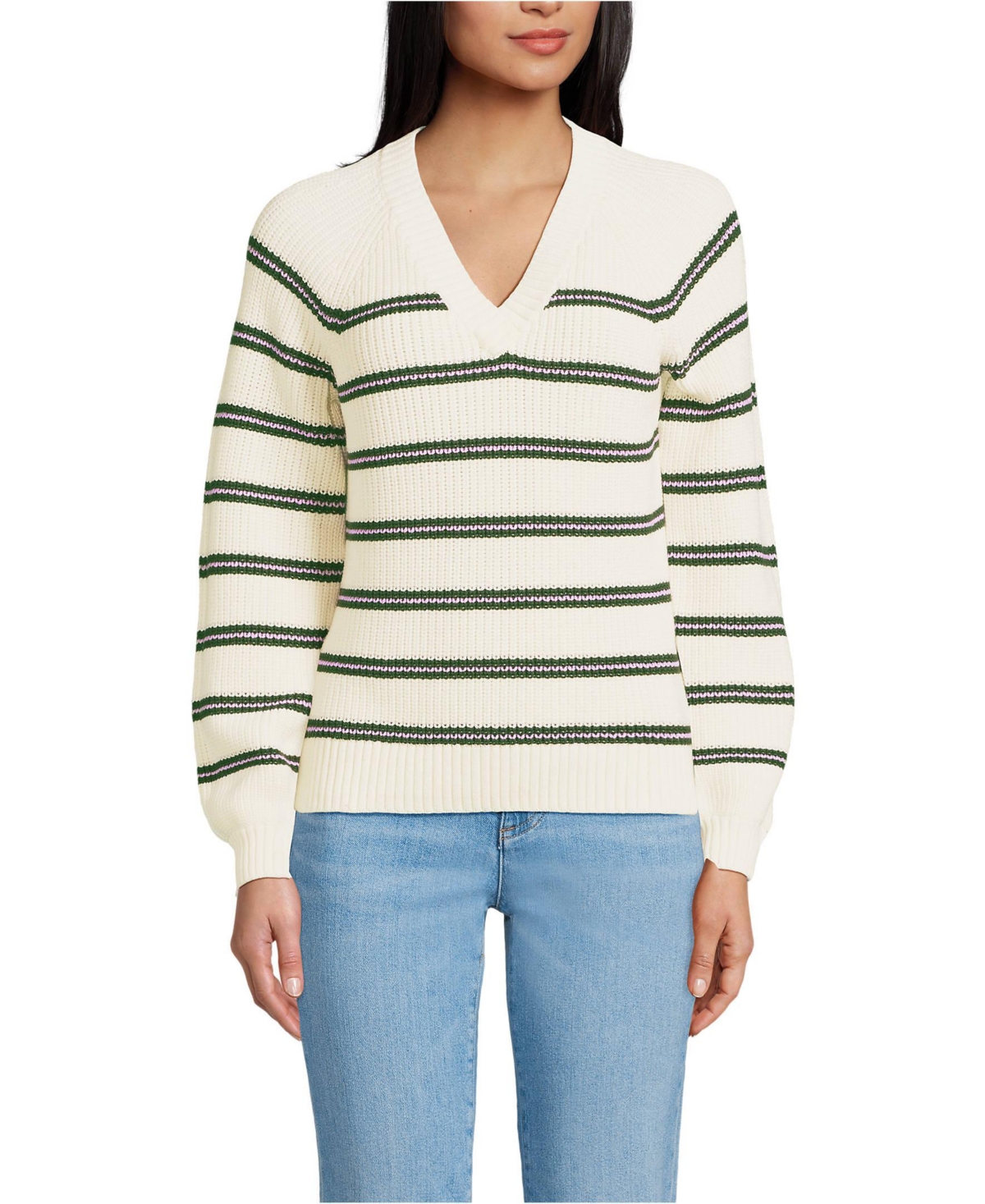 Lands' End Women's Drifter Balloon Sleeve Sweater -evergreen stripe