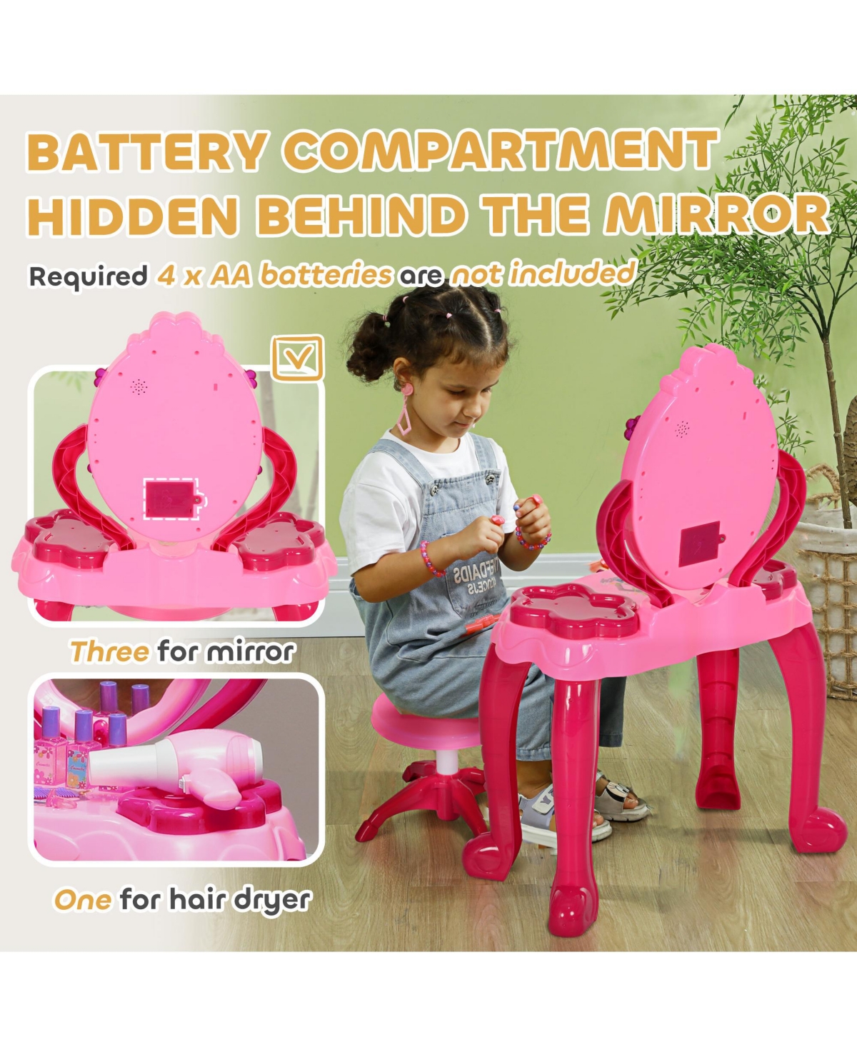 Qaba Kids Vanity Set with Mirror and Stool, Light and Sound, 15 Accessories