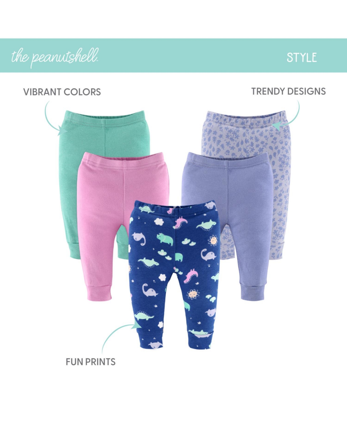 The Peanutshell Baby Girls Pants, 5-Pack, Dino -blue/green