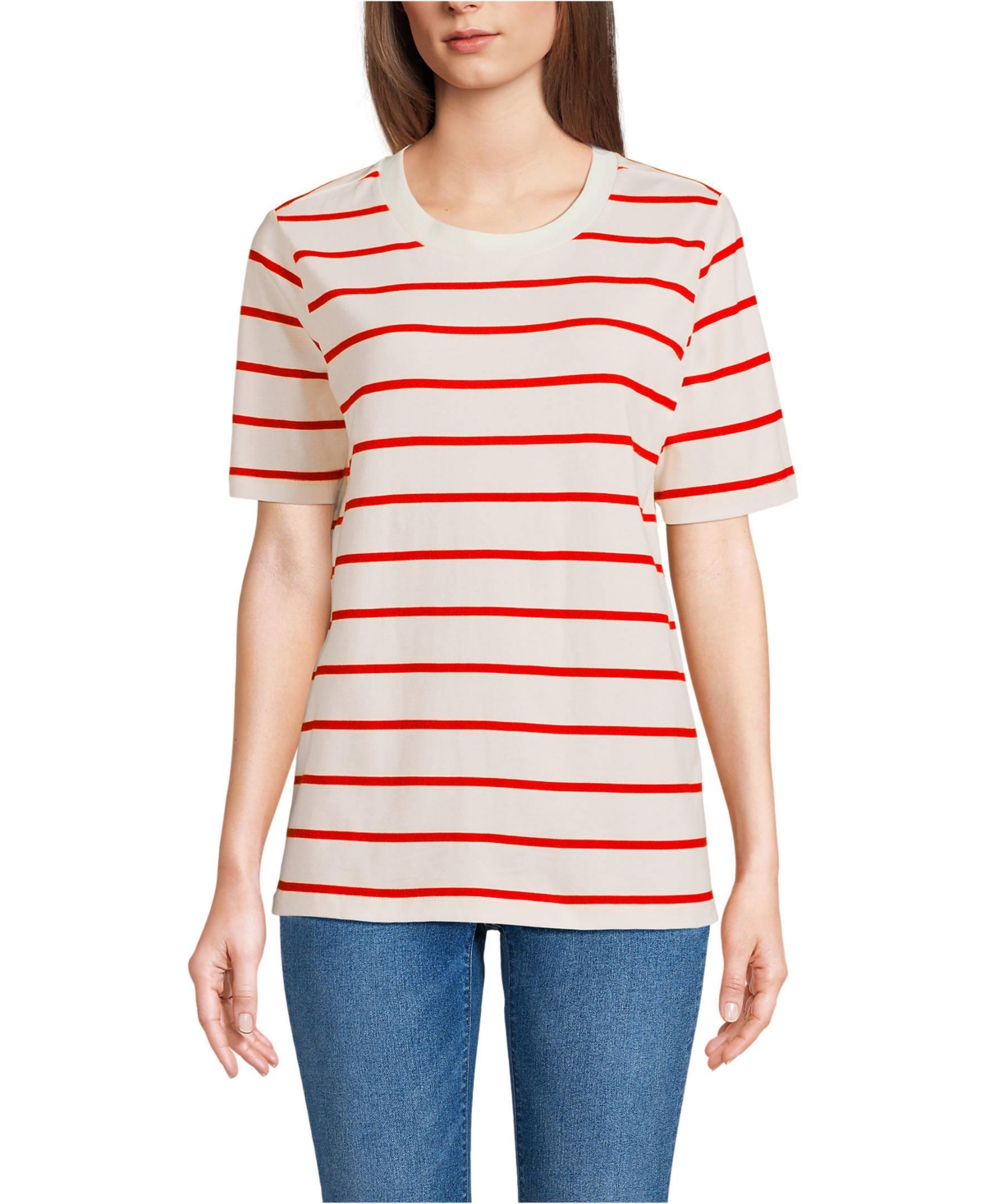 Lands' End Women's Cotton Relaxed Short Sleeve Crew Neck T-Shirt -red stripe