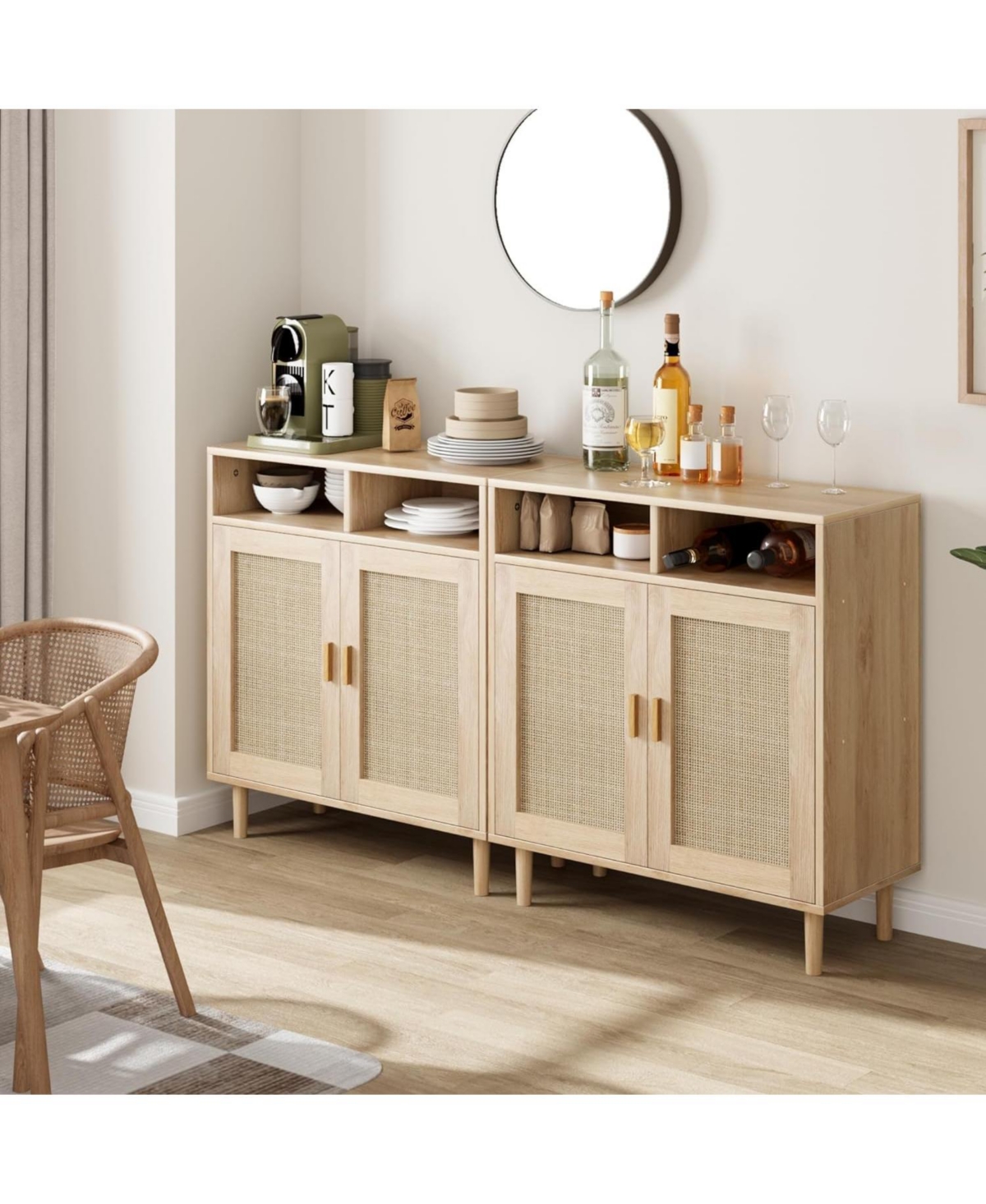 gaomon Sideboard Buffet Storage Cabinet, Rattan Kitchen Cabinet with 2 Doors/Shelf 2pcs