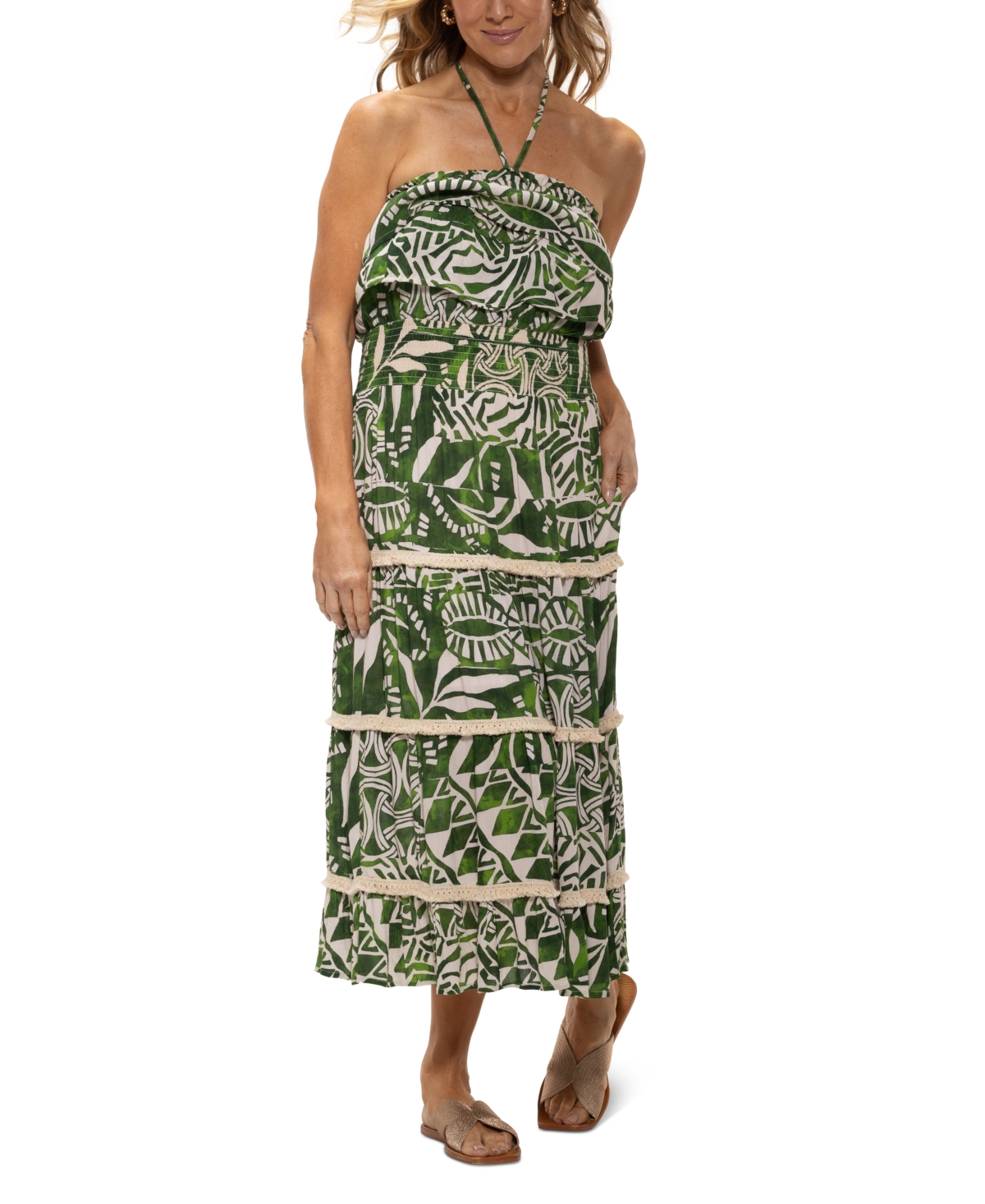 DOTTI WOMEN'S RUFFLED SMOCKED-WAIST TIERED COVER-UP DRESS 
