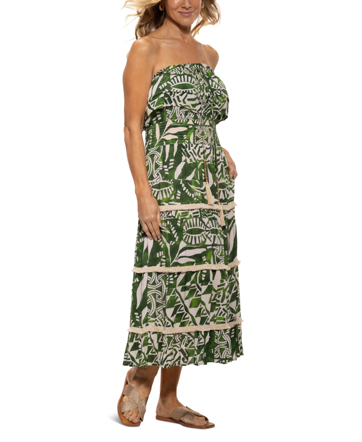 DOTTI WOMEN'S RUFFLED SMOCKED-WAIST TIERED COVER-UP DRESS 