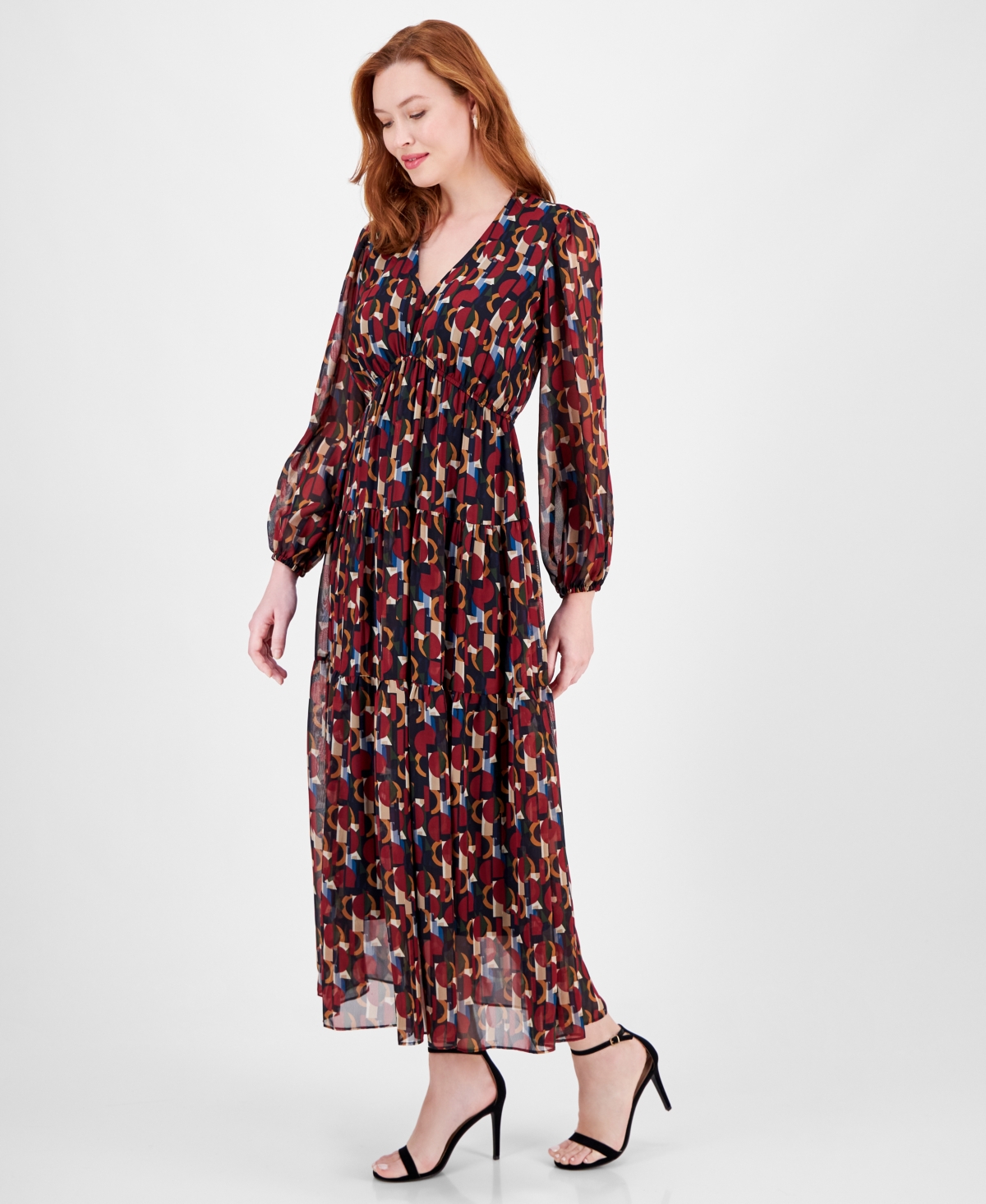Shop Robbie Bee Women's Printed V-neck Long-sleeve Dress In Black,mult
