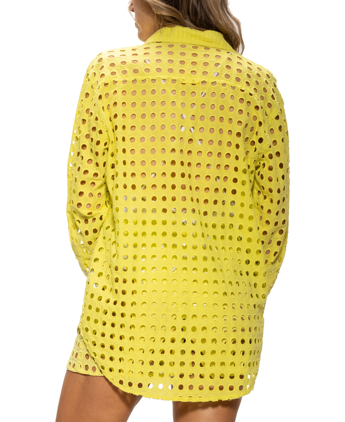Shop Dotti Women's Cotton Openwork Dot Cover-up Beach Shirt In Citrine