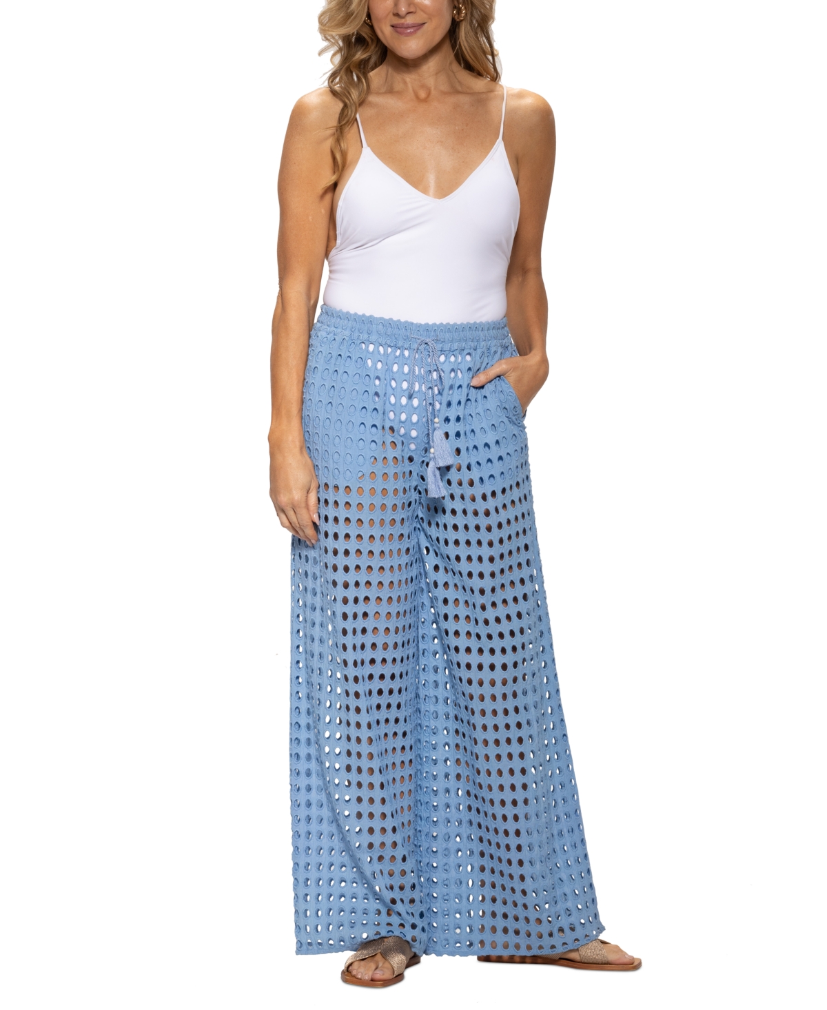 DOTTI WOMEN'S COTTON OPENWORK DOT DRAWSTRING-WAIST PANTS 