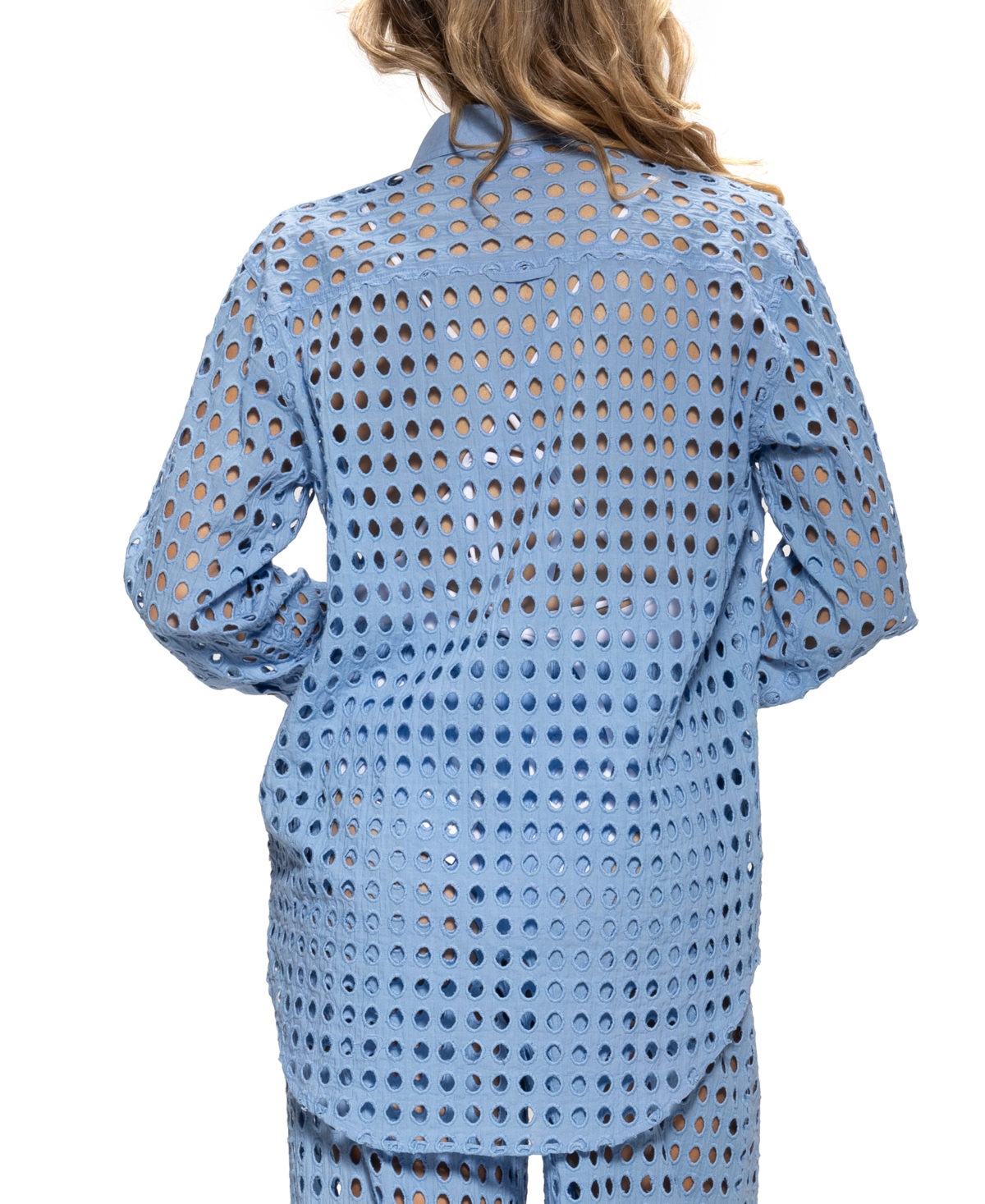 Shop Dotti Women's Cotton Openwork Dot Cover-up Beach Shirt In Light Blue