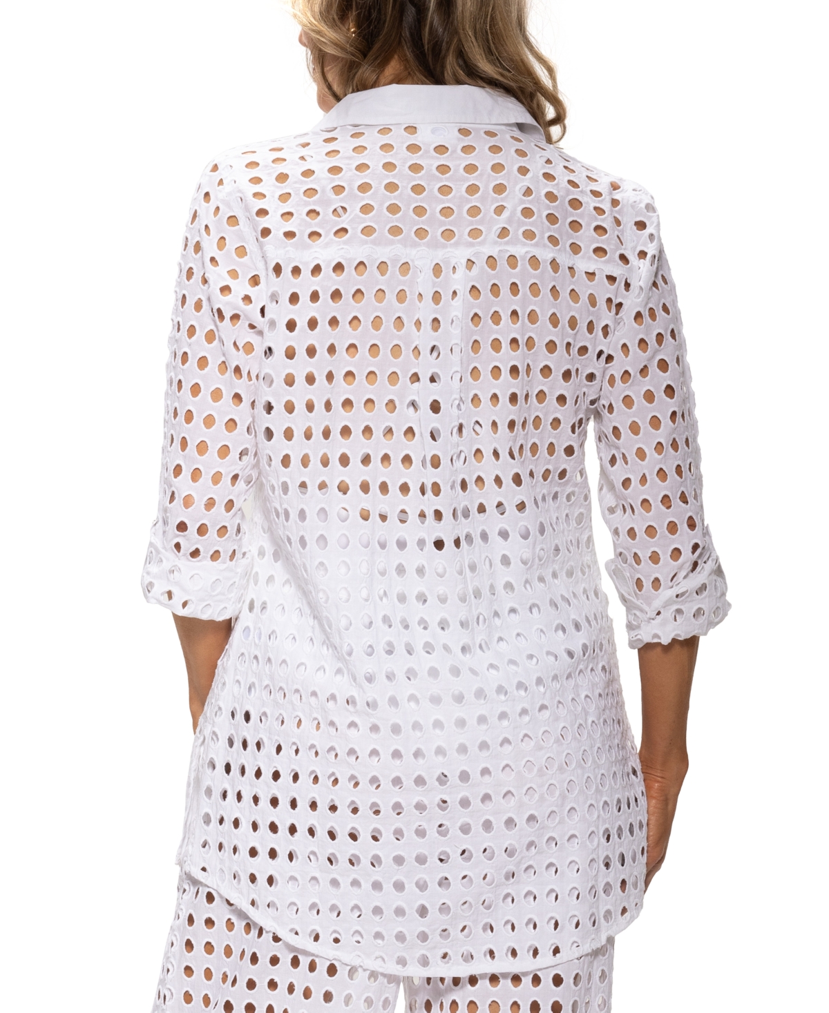 DOTTI WOMEN'S COTTON OPENWORK DOT COVER-UP BEACH SHIRT 