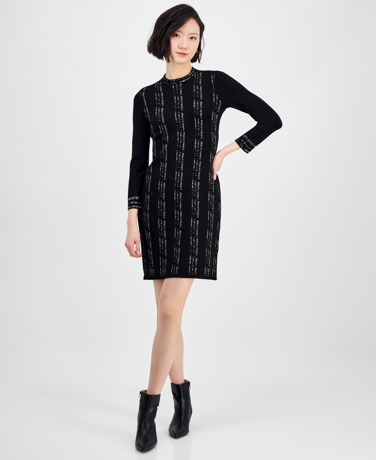 Women's Long-Sleeve Mock-Neck Bodycon Dress - Black Gold
