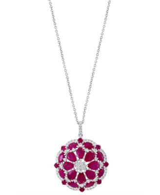 EFFY&reg; Ruby (6-7/8 ct. t.w.) & Diamond (5/8 ct. t.w.) Flower Cluster 18" Pendant Necklace in 14k White Gold